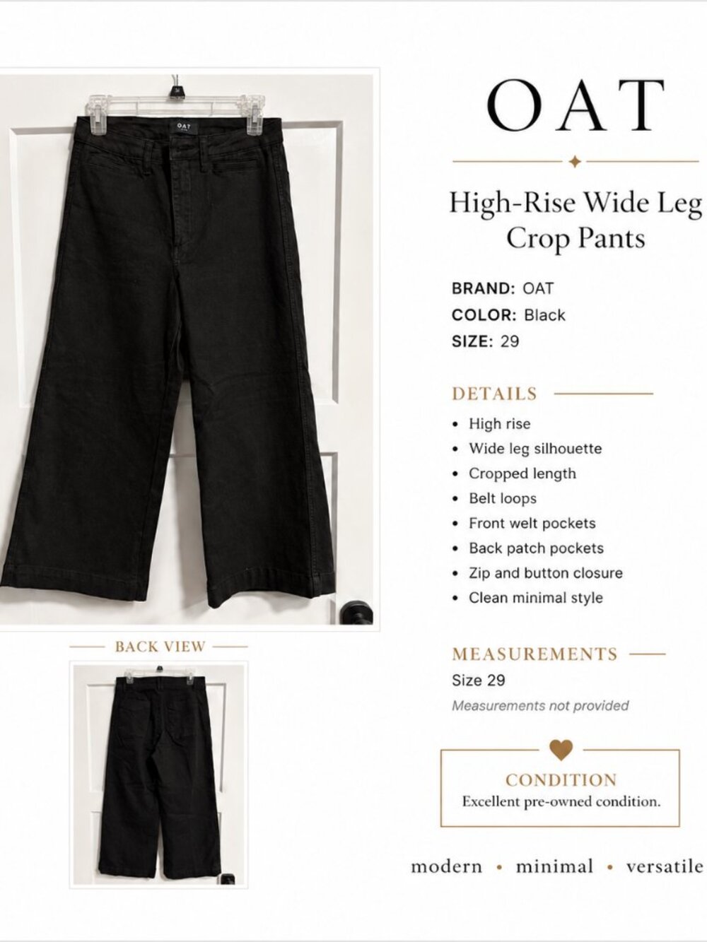 OAK + FORT Black Cropped Twill Wide Leg Pants – Size 29